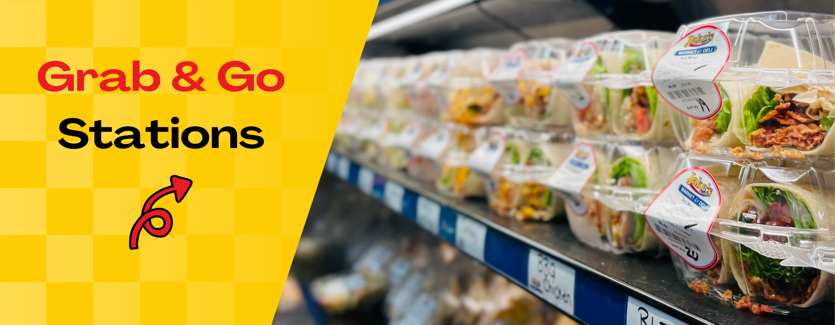 Grab-and-go prepared food display at convenience mart offering sandwiches, salads, and beverages for quick meals nearby